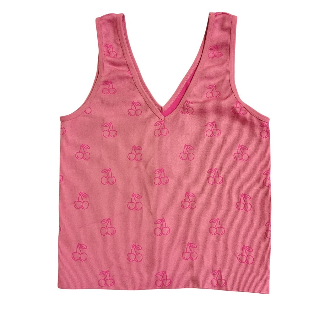 rue21 Cherry Ribbed Tank Top Womens Medium Pink V-Neck Y2K Coquette Summer